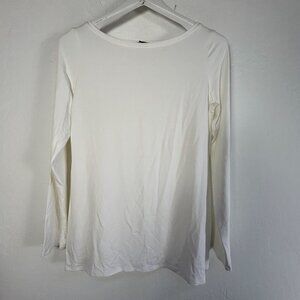 Eileen Fisher Womens White Boat Neck Long-Sleeve Top Size Medium Stretch Casual